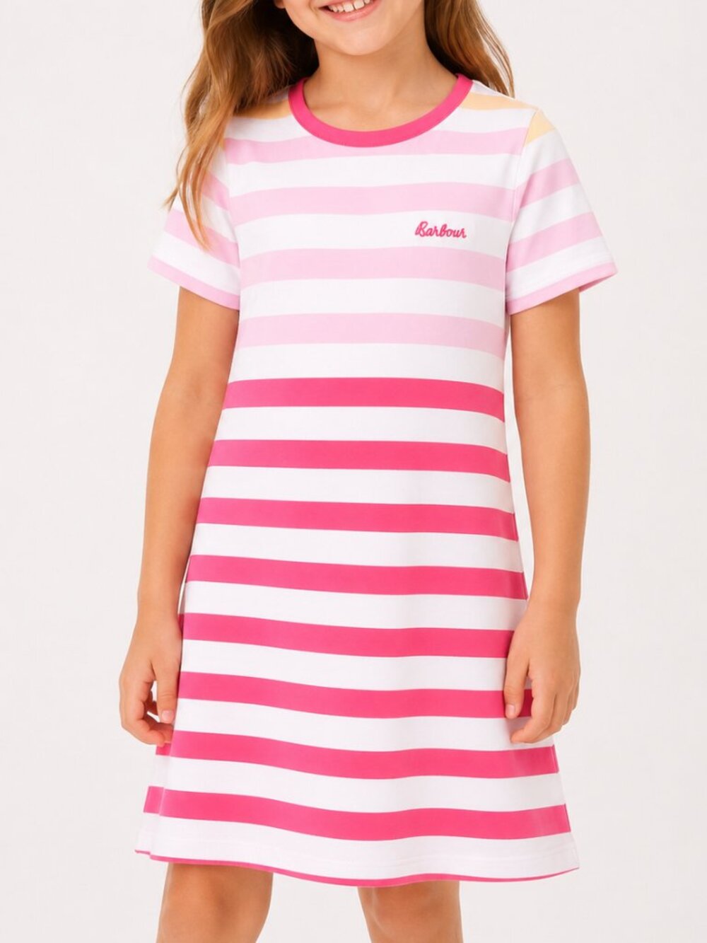 Barbour Girls Stripe Dress Pink White Short Sleeve Dress Size 6/7
